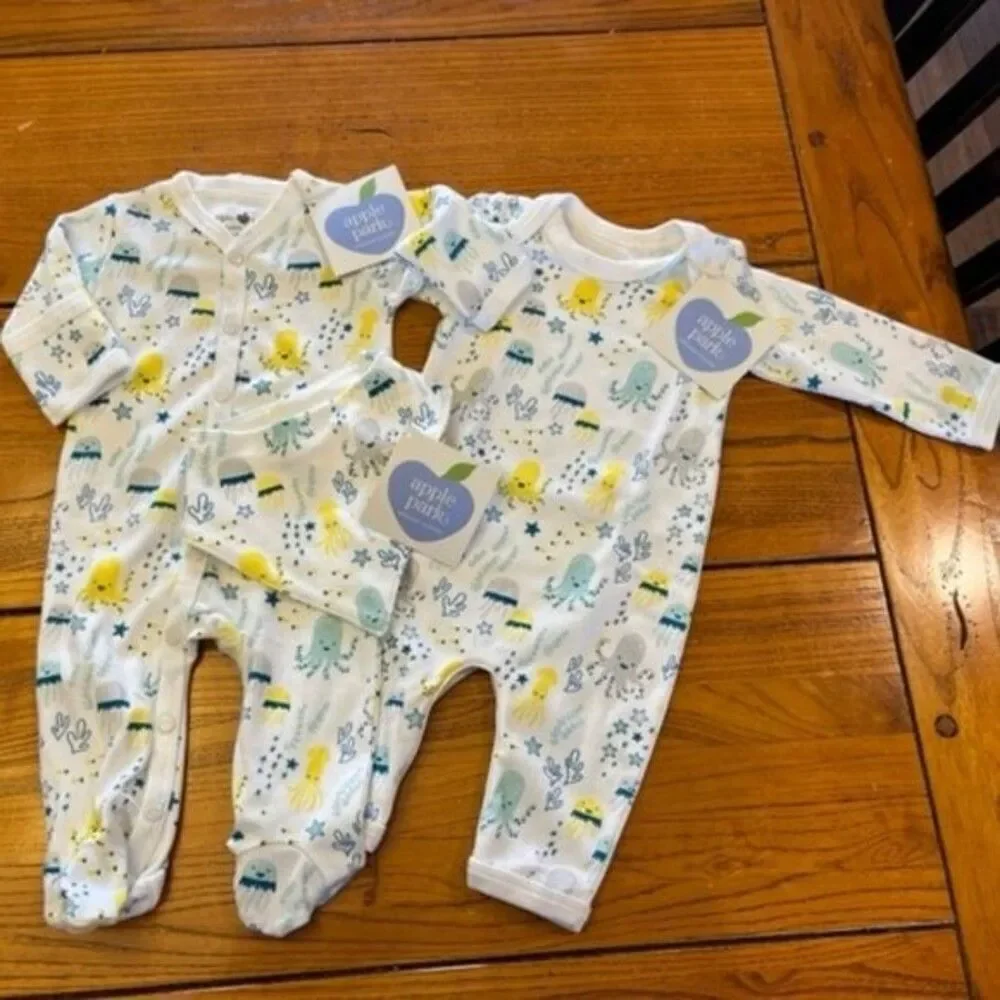 NWT‎ Organic Apple Park NEW Footie, Coverall, and Bandana bib set Ocean